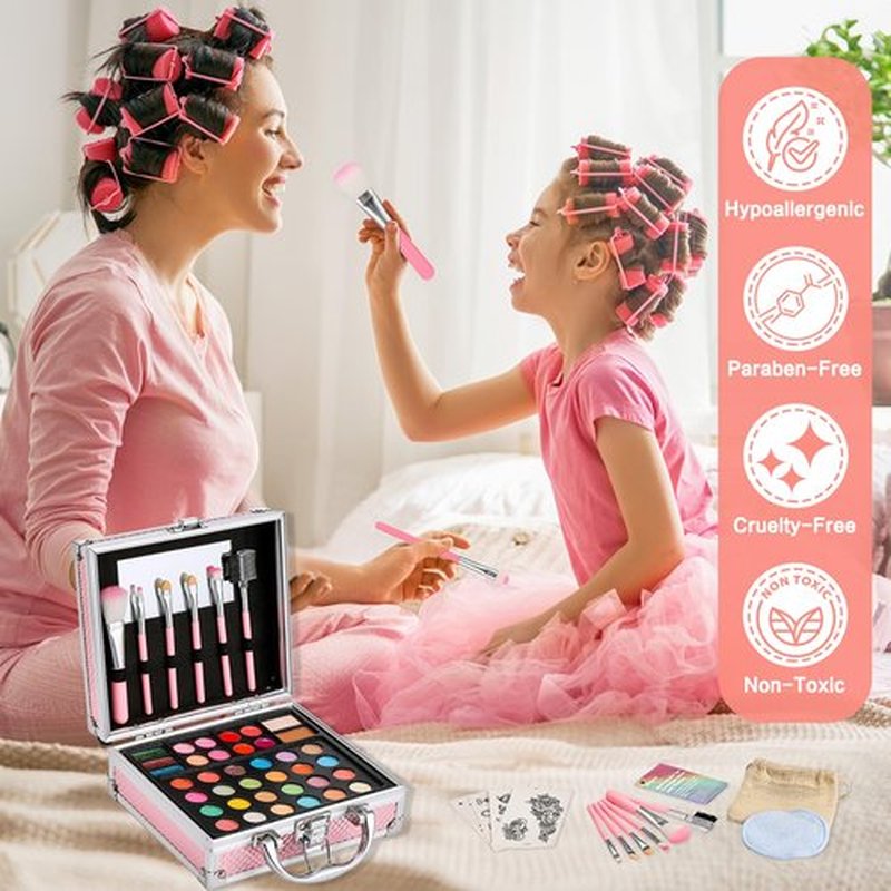 Anpro All-In-One Makeup Kit for Girls 10-12 with Case, Pro Teen Makeup Set, Tween Makeup Kit, Full Starter Make Up Kit with Brushes, Eyeshadow Palette, Blushes, Glitter Gel, Temporary Tattoo Stickers
