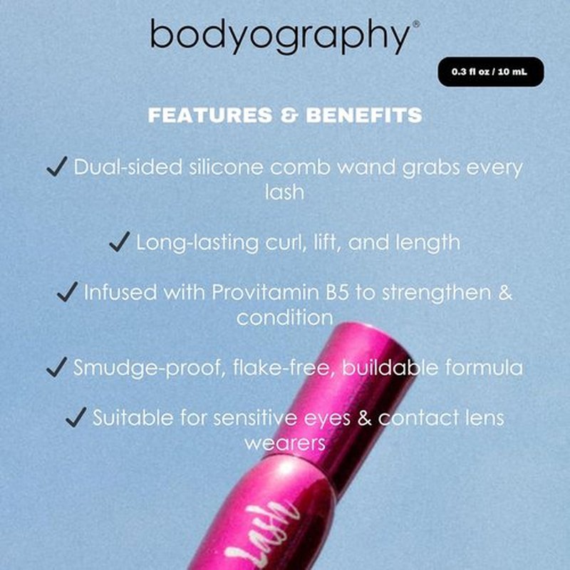 Bodyography Jet-Black Lengthening Mascara - Dual-Sided Silicone Comb for Volume & Lift | Smudge-Free, Conditioning Formula