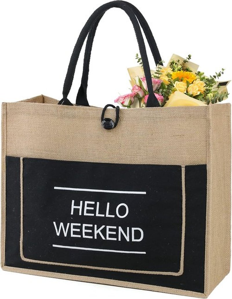 BeeGreen Jute Beach Bag - Extra Large 20'' x 16'' x 7.25'' Tote with Inner Zipper Pocket | Personalized Black Canvas Design