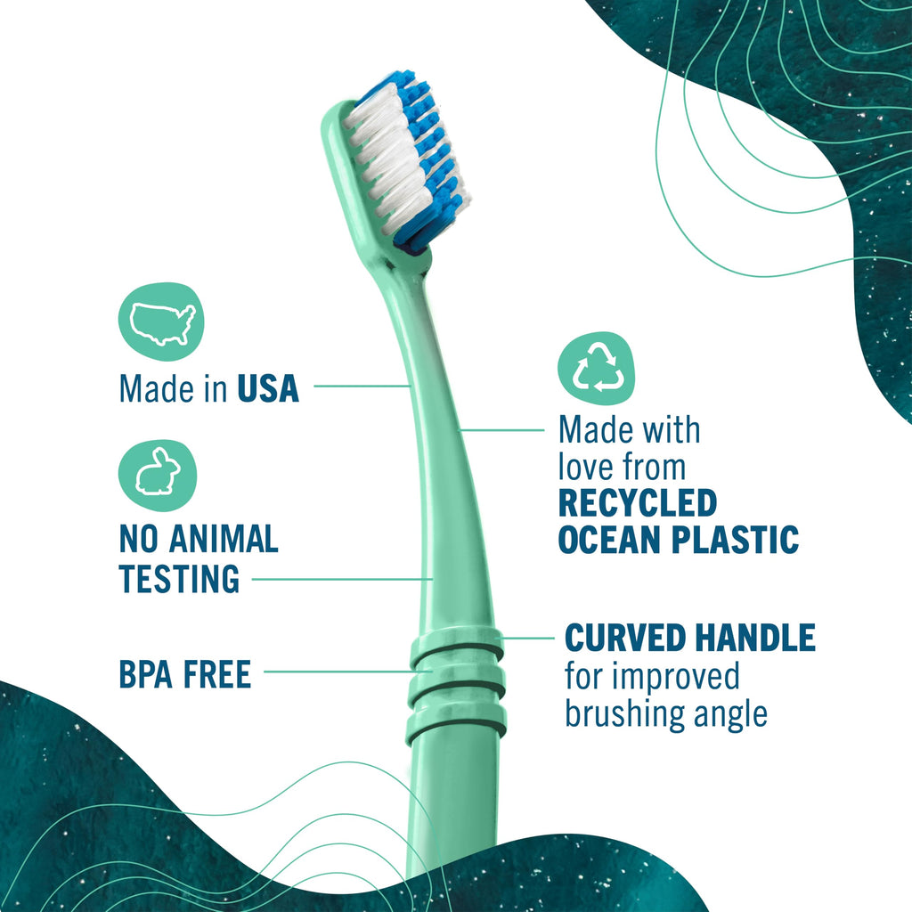 Preserve Ocean Plastic Initiative (POPI) Adult Toothbrush, Made in USA from Recycled Ocean Plastic, Coral, Soft, 6 Count