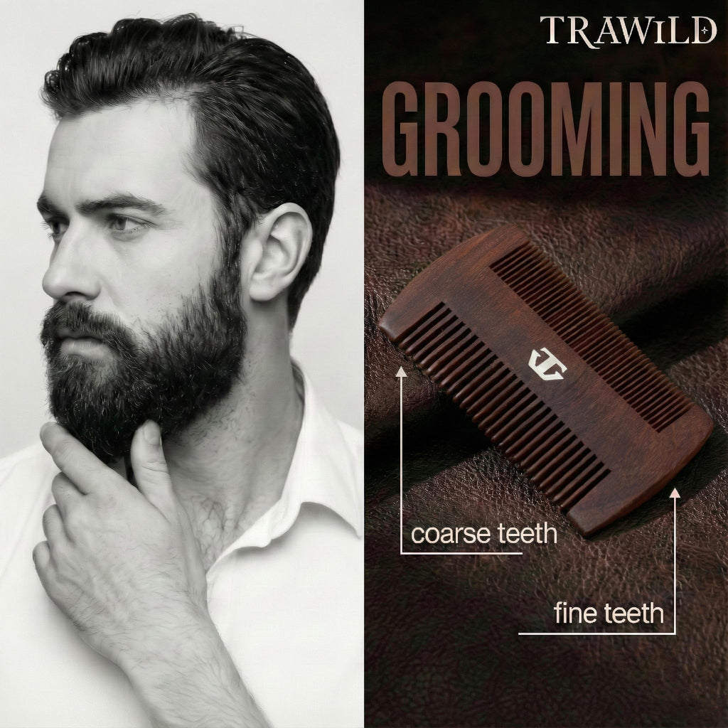 TRAWILD Sandalwood Beard Comb for Men with Mother of Pearl Inlay, Premium Grooming Wood & Wooden Comb for Beard and Mustache