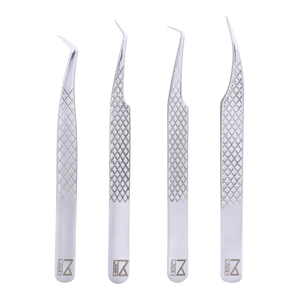 M LASH tweezers for Eyelash Extension (Set of 4) - Professional & Precision Eyelash tweezers - Japanese Steel, Diamond Grip, Fiber Tip V3 lash applicator tool (Silver)
