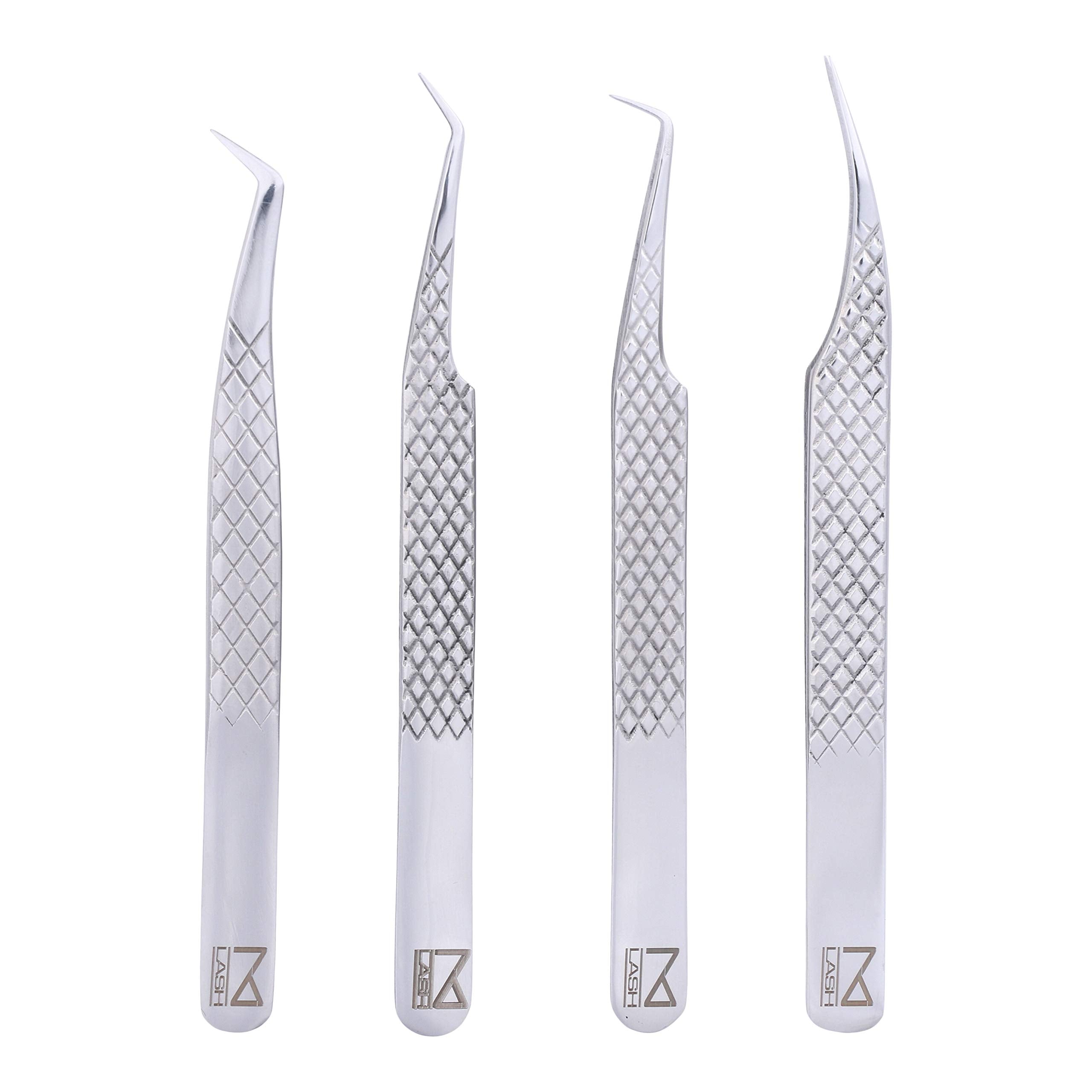 M LASH tweezers for Eyelash Extension (Set of 4) - Professional & Precision Eyelash tweezers - Japanese Steel, Diamond Grip, Fiber Tip V3 lash applicator tool (Silver)