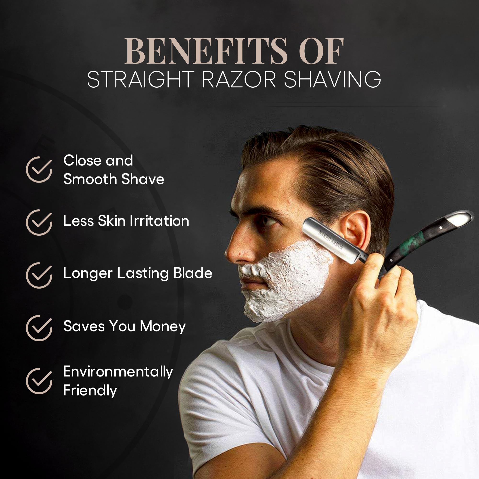 Naked Armor Professional Straight Razor for Men - Shave Ready 7/8" Japanese Steel Straight Edge Razor - Mador Series with Hand-Crafted Ebony Wood Handle, Leather Case & Gift Box