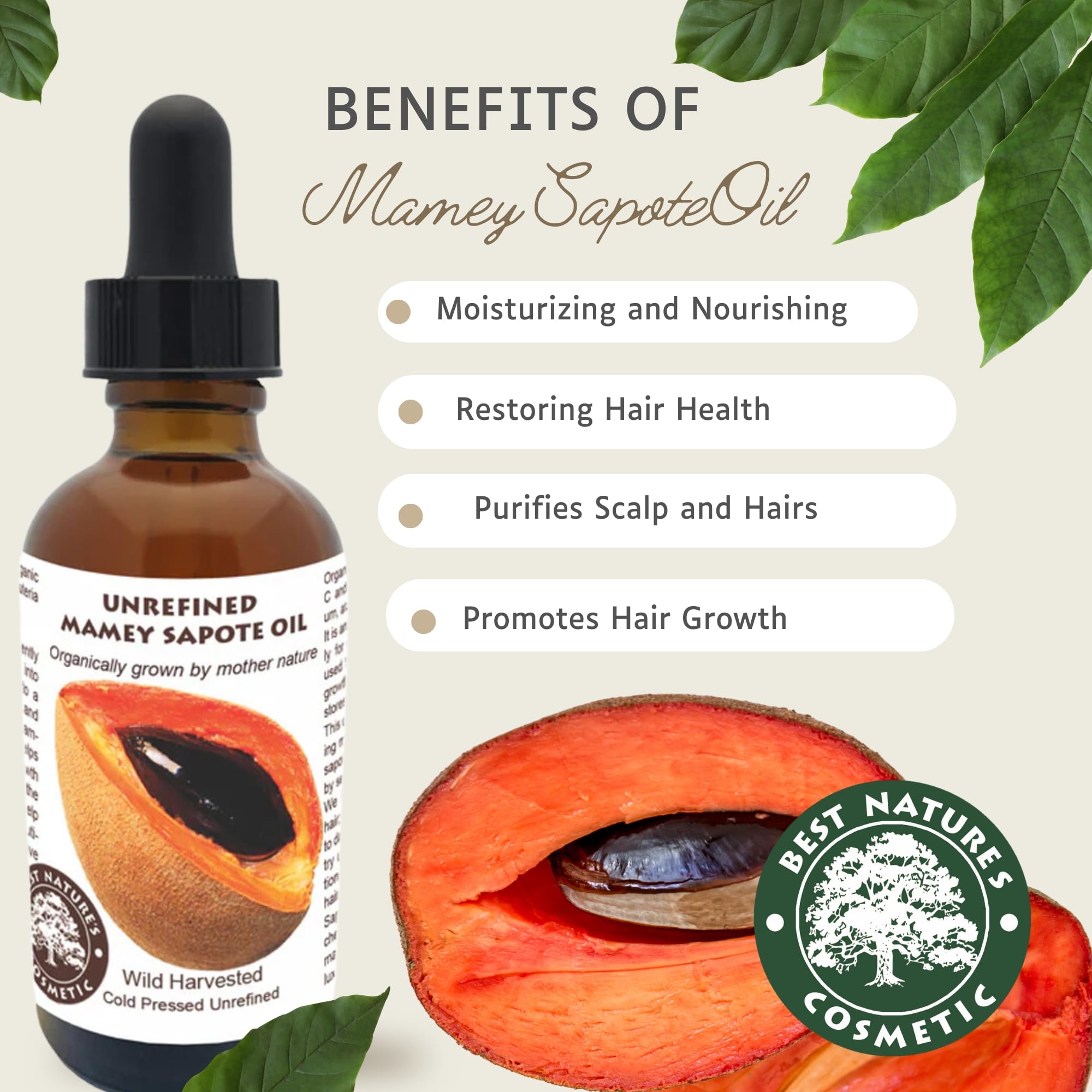 Best Nature's Cosmetics Mamey Sapote Oil Organic - revitalize dry skin and hair with deep moisture and frizz control. For curly, wavy hairs. 2 fl oz / 60ml
