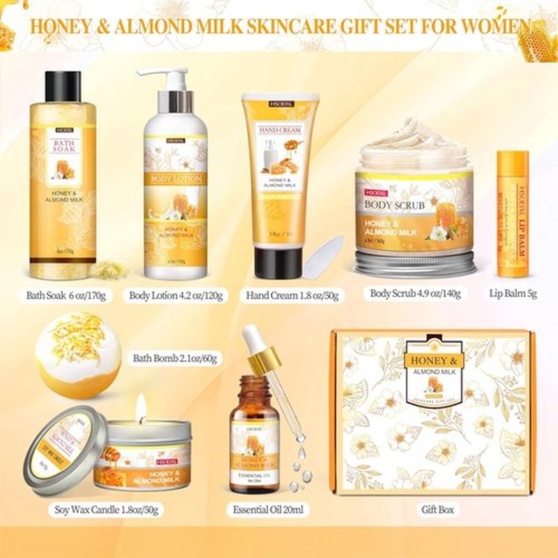 Almond Milk & Honey Bath Gift Set by [Brand Name] - 9-Piece Spa Essentials for Women | Perfect Birthday Gift for Mom, Girlfriend, or Sister
