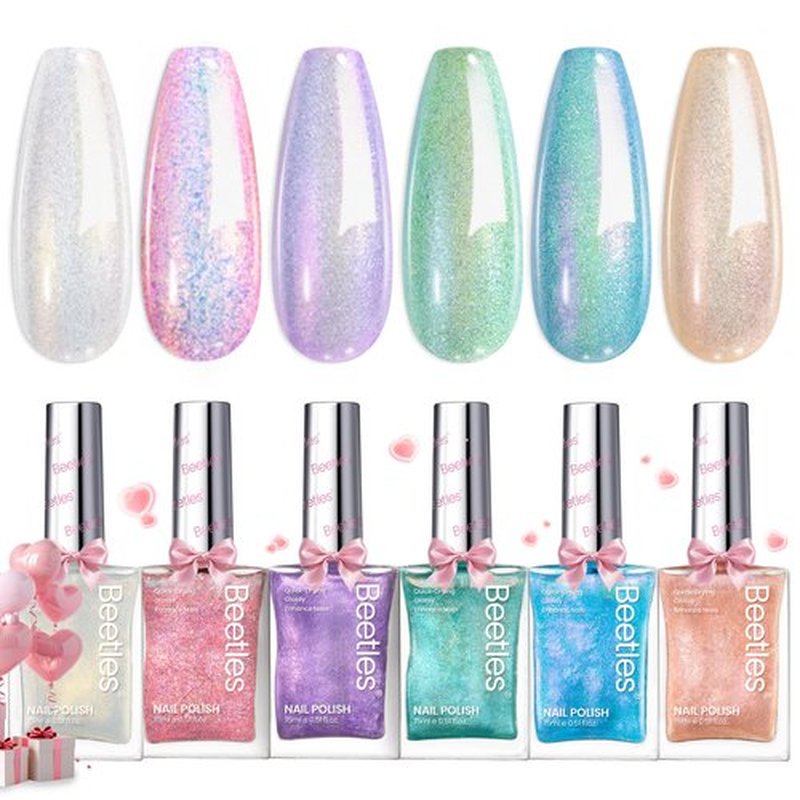 Beetles Glitter Nail Polish Set, 6 Colors Dreamy Pastel Pearl Quick Dry Nail Polish Kit, Long Lasting Shine DIY Manicure Gift for Women Girl Christmas Nail Art