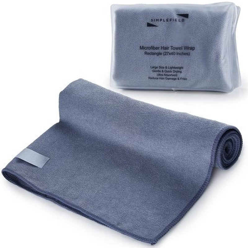 SimpleField Large Microfiber Hair Towel Wrap for Women (27x40 Inches). Anti Frizz Rectangle Fast Drying Towel with Elastic Band for Long, Curly, and Thick Hair. Includes Reusable Carry Bag (Grey)