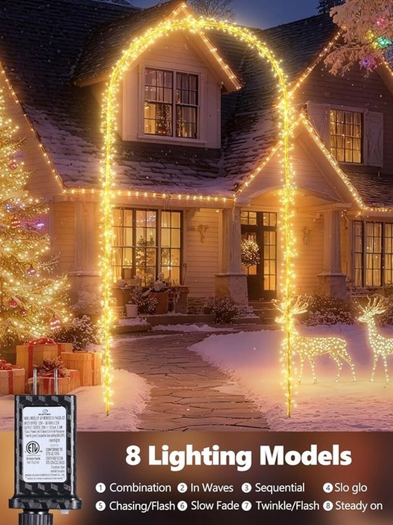 Flacchi Outdoor Christmas Arch Lights - 7.5FT Waterproof 360LED String Lights with Timer & 8 Modes (Warm White)