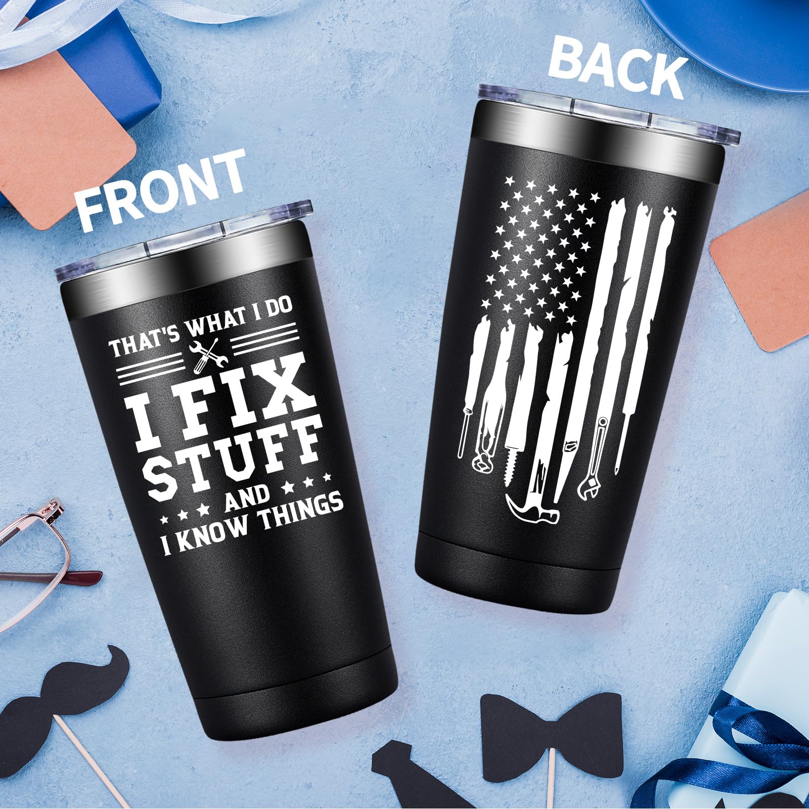 DOEARTE Fathers Day Gift for Dad from Daughter, Son - I Fix Stuff and I Know Things - Birthday Gifts for Men, Male, Husband, Grandpa - Gifts for Men for Who Have Everything - 20oz Men Tumbler