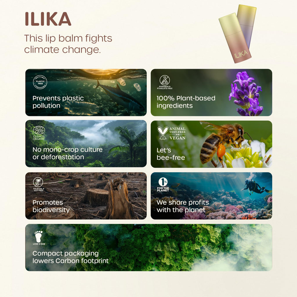 ILIKA 100% Natural Lip Balm - Organic, Plastic-free, Vegan, Cruelty-Free, Vitamin E, COSMOS Certified, PETA Certified, 2-Pack Unscented, All-Day Moisture, 0.15 oz each