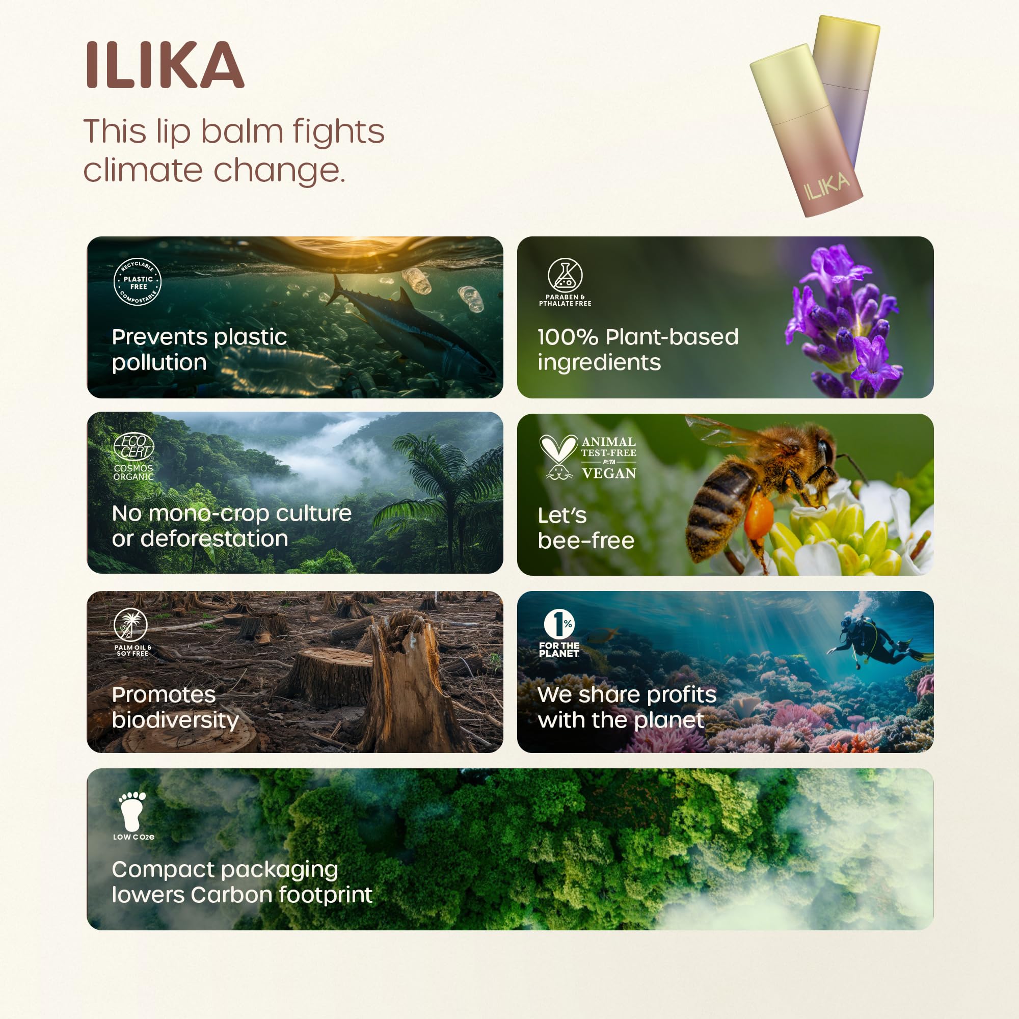 ILIKA 100% Natural Lip Balm - Organic, Plastic-free, Vegan, Cruelty-Free, Vitamin E, COSMOS Certified, PETA Certified, 2-Pack Unscented, All-Day Moisture, 0.15 oz each