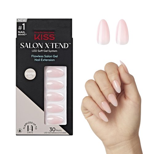 KISS Salon X-tend, Press-On Nails, Nail glue included, 'Gloria', Light Beige, Medium Size, Almond Shape, Includes 30 Nails, 5Ml Led Soft Gel Adhesive, 1 Manicure Stick, 1 New Mini File, New Prep Pad