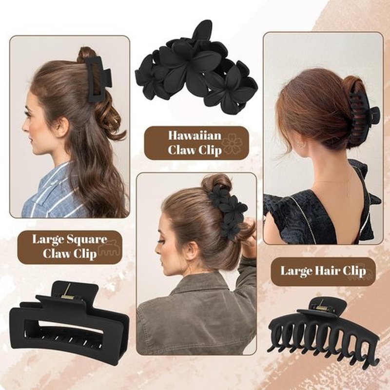 Hair Clips for Women: Non-Slip Strong Hold Jaw Claw Clips for Thin Thick Curly Hair, Classic Black Hair Claw Set Include Large, Square, Flower, Flat & Small Clips as Christmas Gift 12Pack(Set A)