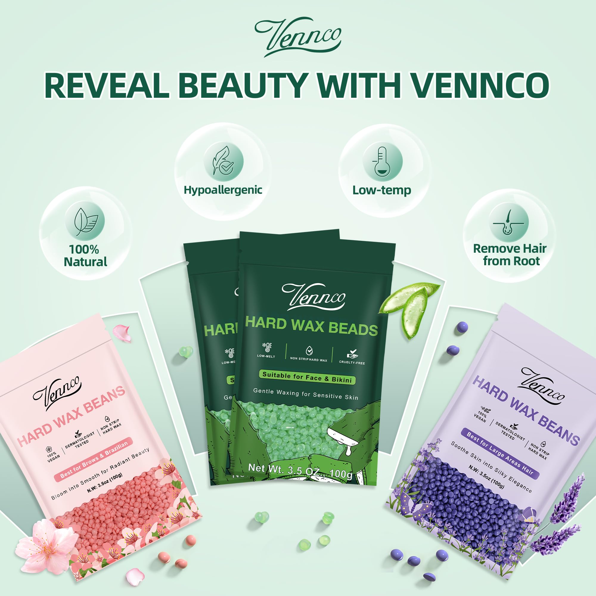 Vennco Hard Wax Beads Kit for Hair Removal, 36 Pieces Wax Beads for Full Body, Face, and Brazilian Bikini, Aloe, Lavender, Cherry Blossom - Includes Pre and Post Wax Oils