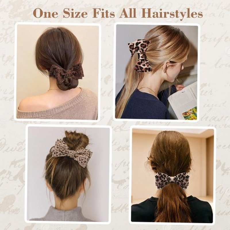 Auseibeely 4 Pcs Leopard Print Bow Claws Clips for Women - Decorative Bowknot Hair Clips for Ponytails/Half-Updo/Bun, Cheetah Elegant Polyester Bow Hair Clips