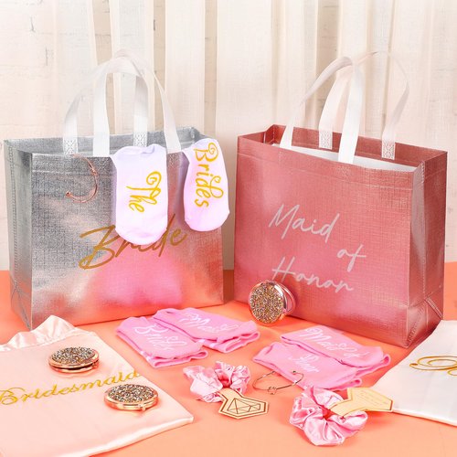 Toulite 48 Pcs Bridesmaid Robe Sets Silk Satin Bride Party Robes with Bachelorette Gift Handbags Knot Bracelets Hair Ties Rhinestone Mirrors and Socks for Bridesmaid Wedding Bachelorette Party