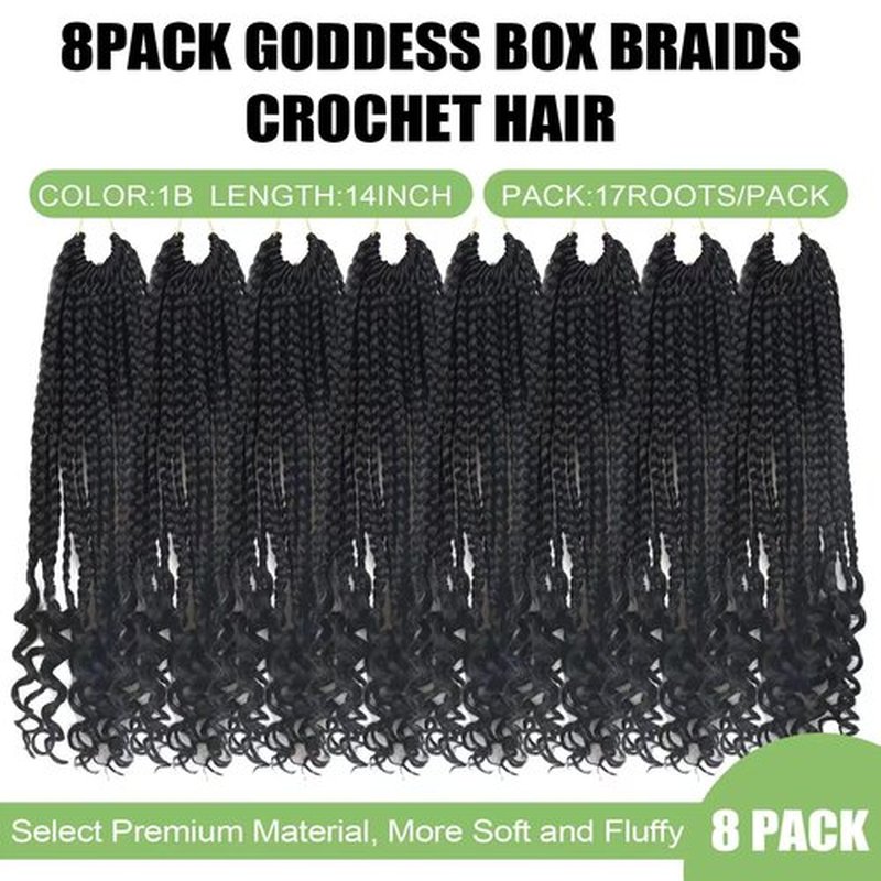 Goddess Box Braids Crochet Hair for Black Women 14 Inch Short Crochet Braids with Curly Ends Pre Looped 8 Packs Bohemian Style Goddess Box Braid Hair Extensions (1B)