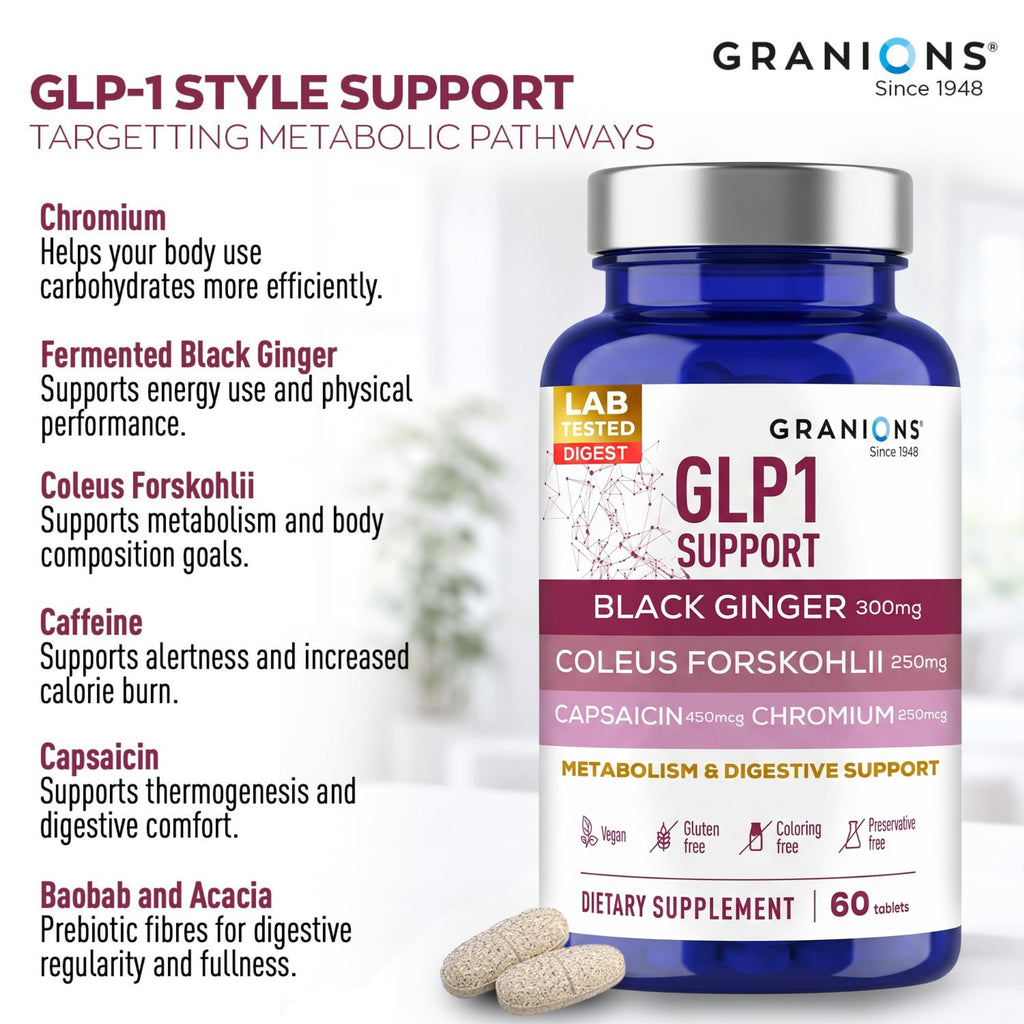 Granions GLP-1 Support Supplement - Metabolism, Gut Health, Digestive Support - Fermented Black Ginger, Coleus Forskohlii, Chromium, Capsaicin, Caffeine - Vegan, Gluten Free Supplements - 60 Tablets
