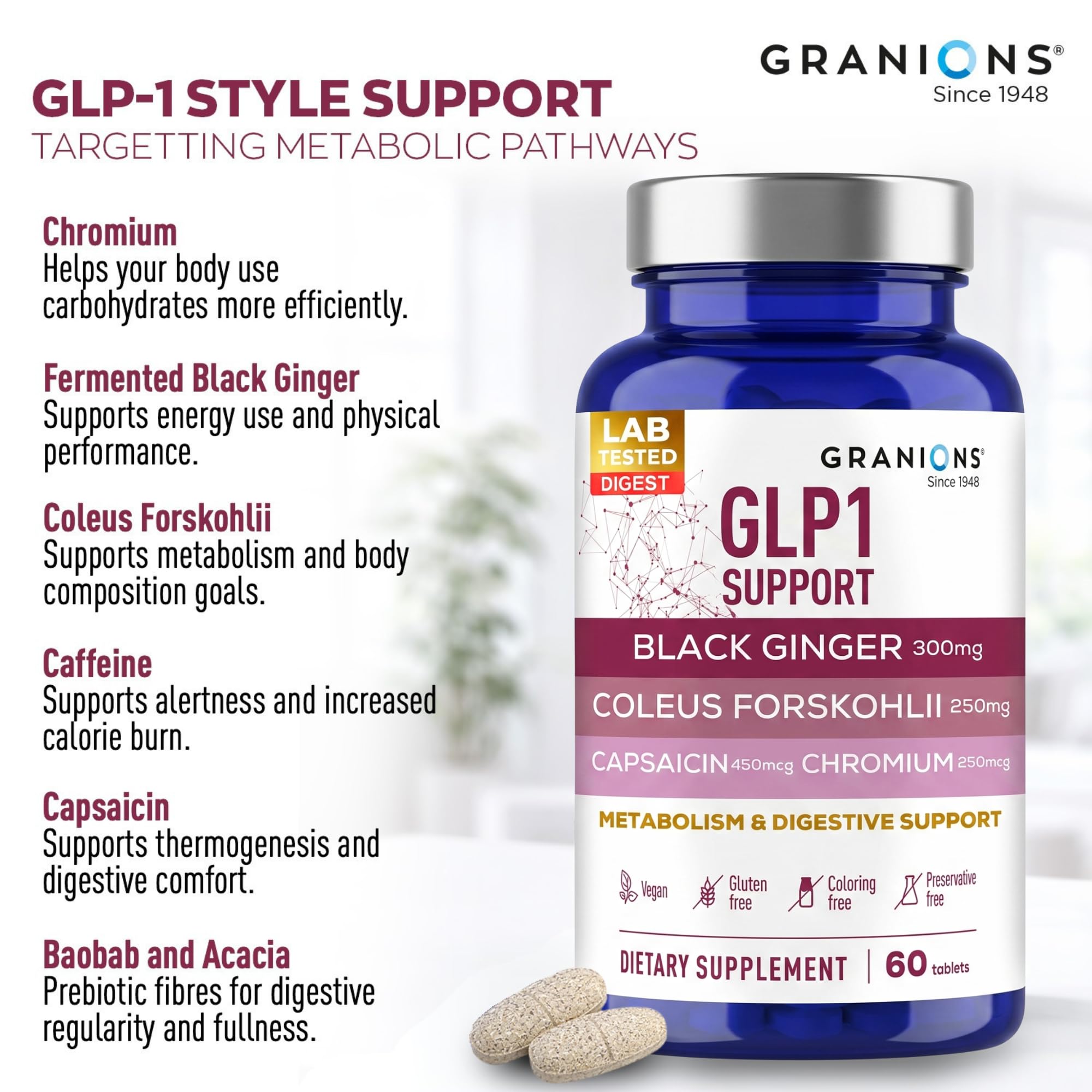 Granions GLP-1 Support Supplement - Metabolism, Gut Health, Digestive Support - Fermented Black Ginger, Coleus Forskohlii, Chromium, Capsaicin, Caffeine - Vegan, Gluten Free Supplements - 60 Tablets