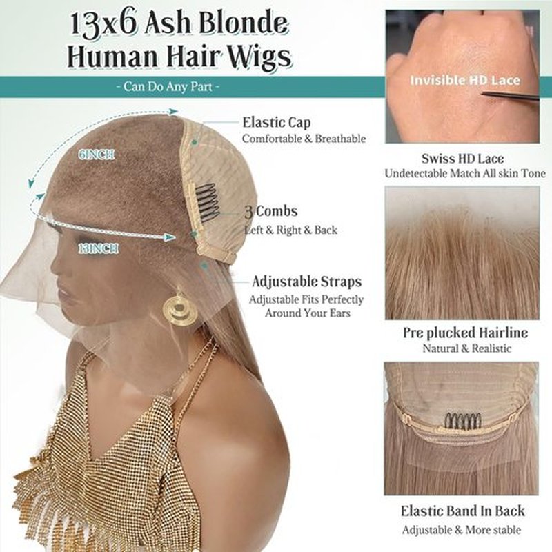 Munx Ash Blonde Wig Human Hair, 13X6 HD Transparent Glueless Wigs Lace Frontal for Black Women Pre Plucked Silky Straight Lace Front Wig Human Hair 180% Density 20Inch
