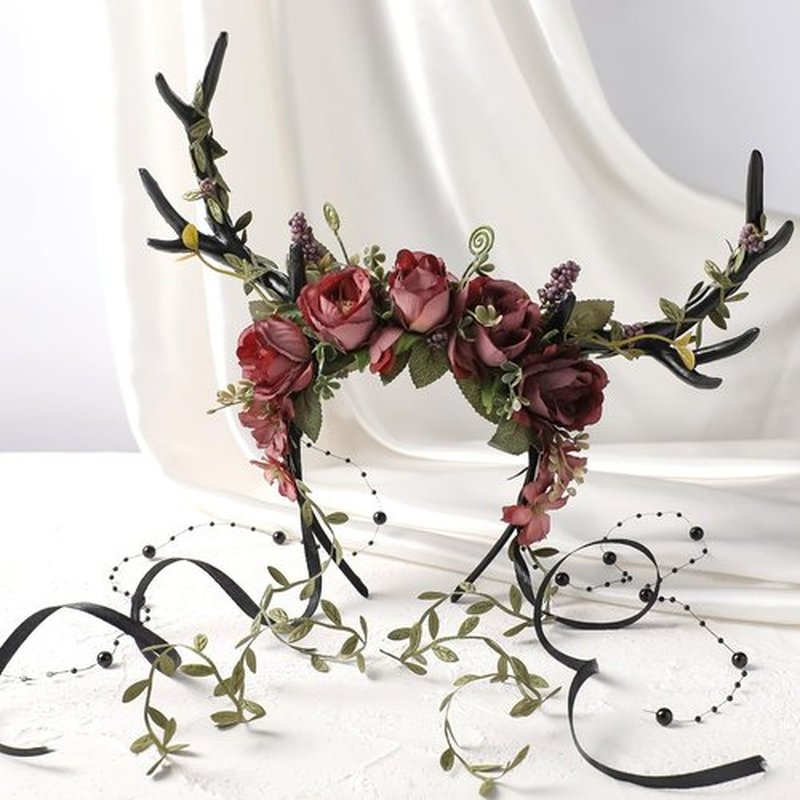 MOSTORY Dark Flower Antler Headband - Floral Black Reindeer Headpiece for Renaissance Accessories Women, Woodland Deer Hairband with Vine for Mother Nature Costume Cosplay Fairy Aesthetic