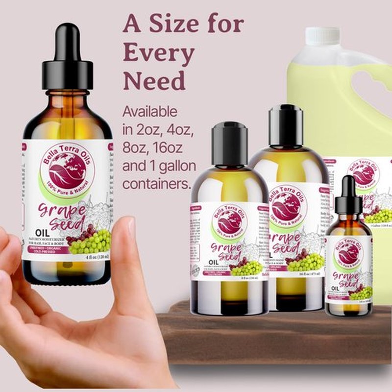 Bella Terra Oils - Organic Grape Seed Oil 8oz - The Pinnacle of Organic Grape's Enzymatic Excellence, Famed for its Linoleic Acid & Omega-6, For the Discerning Skin Connoisseur