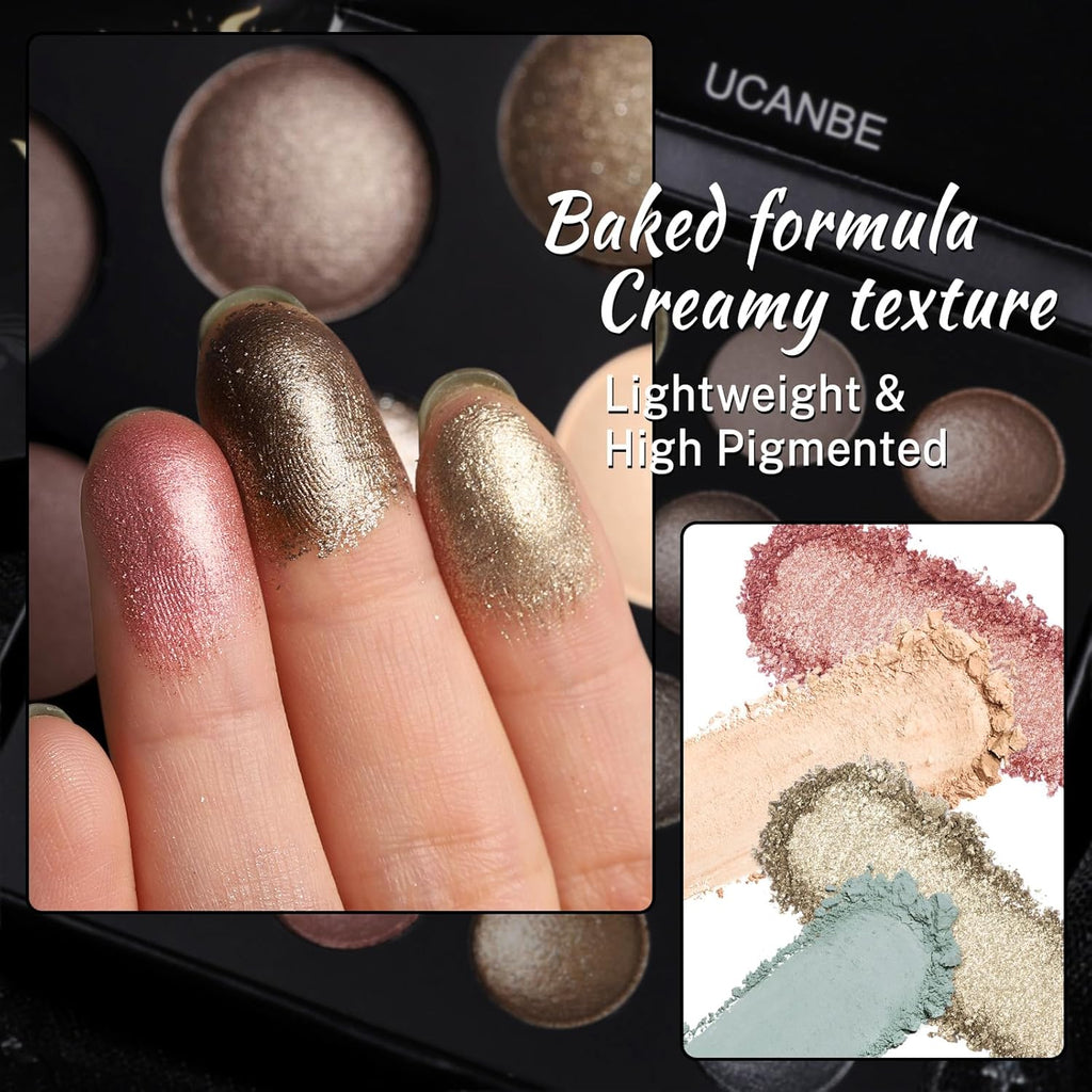 UCANBE Baked Eyeshadow Palette - 16 Highly Pigmented Nude Shades with Matte & Glitter Finish