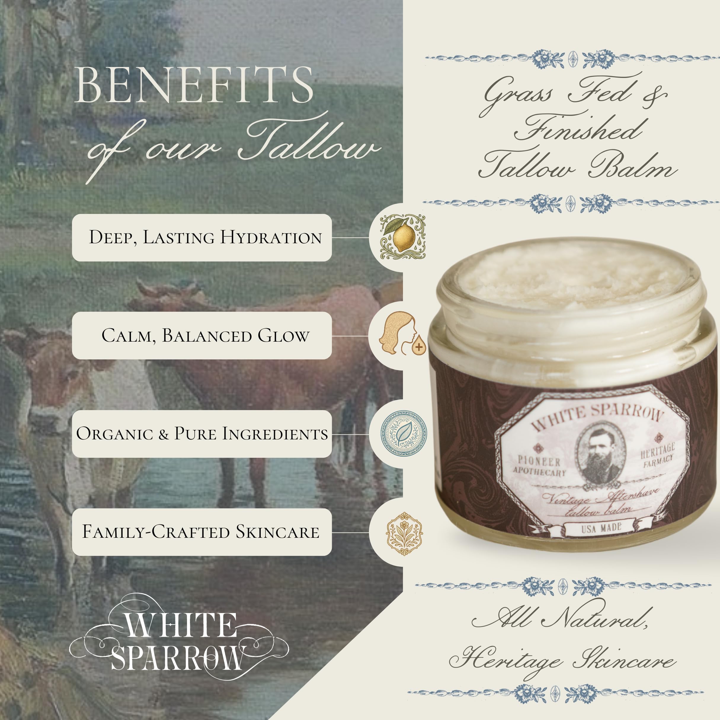 White Sparrow Farmacy Men’s Tallow Balm – Vintage Aftershave Scent – Natural Moisturizer for Sensitive Skin, Razor Burn & Dryness – Grass Fed Beef Tallow Face & Beard Balm – Made in USA