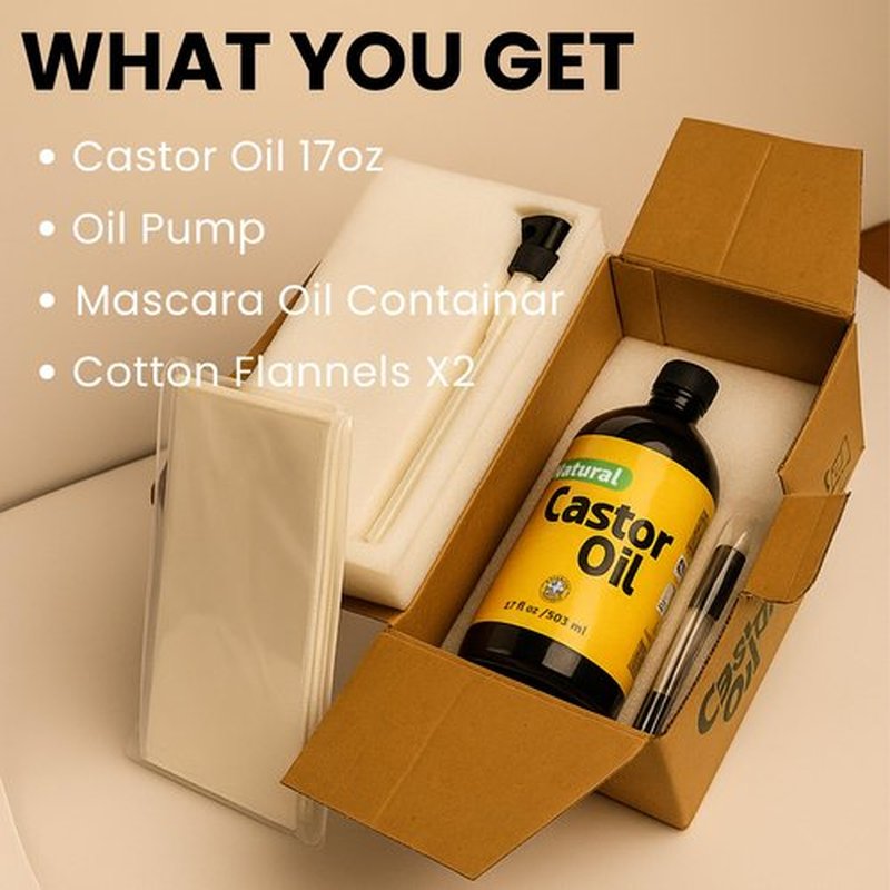 Castor Oil Organic Glass Bottle (17 oz) -100% Pure, Cold-Pressed, Hexane-Free, with 2 Resuable Organic Cotton Flannel Pack Wraps and Mascara Container for Skin Hair Eyelash's Eyebrow's & Body