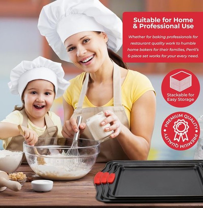 PERLLI Non-Stick Baking Pan Set - 3-Piece BPA-Free Carbon Steel with Silicone Handles | Oven Safe to 446°F