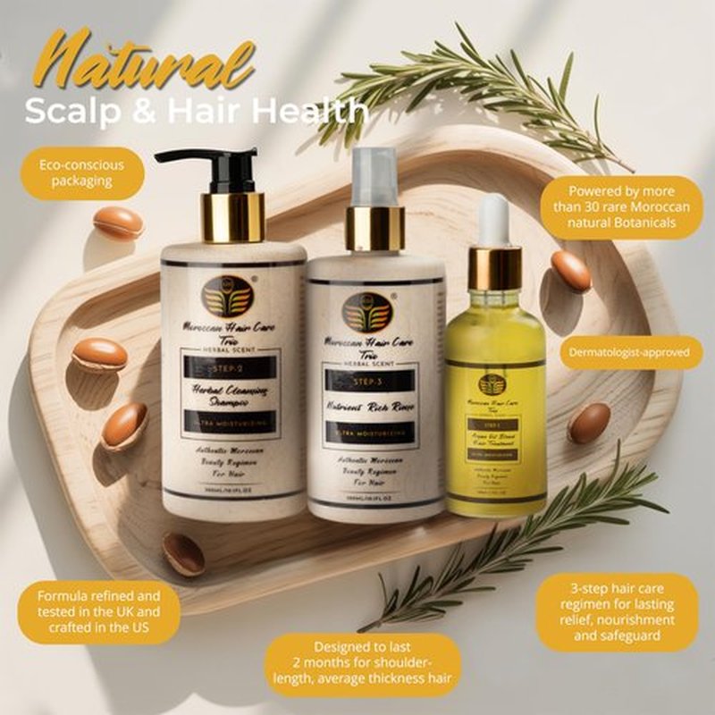 Dry Scalp Treatment for Women, 3 Step Hair Care Trio Set for Itchy Flaky Irritated Scalp, Includes Argan Oil Hair Care, Sulfate & Paraben Free Shampoo & Nutrient Rich Rinse, Anti Dandruff Relief