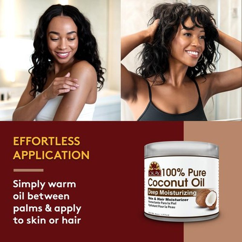 Okay 100% Pure Coconut Oil for Hair & Skin - Coconut Oil for Women & Men, Perfect for Body & Face, Natural Massage Oil & Moisturizer - 6 Fl Oz Jar (Pack of 2)