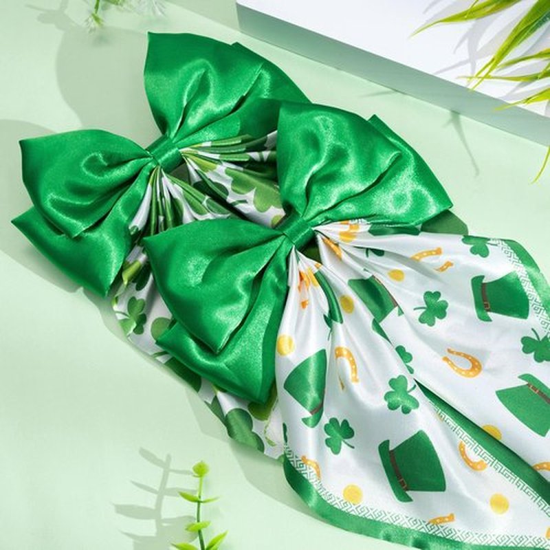 OAOLEER 2PCS St. Patrick's Day Hair Bows for Women 8 Inch Green Satin Layered Hair Clips with Long Tail French Style Hair Accessories for Girls