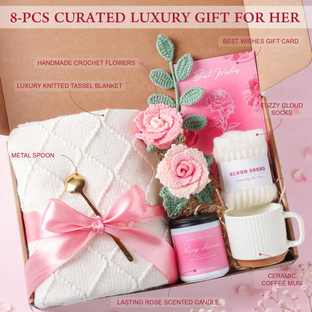 Birthday Gifts for Women, Pink Gift Basket, Get Well Soon Care Package for Women, Hug in A Box, Self Care Gifts for Mom Friend Sister Wife Girlfriend Coworker Teacher Nurse