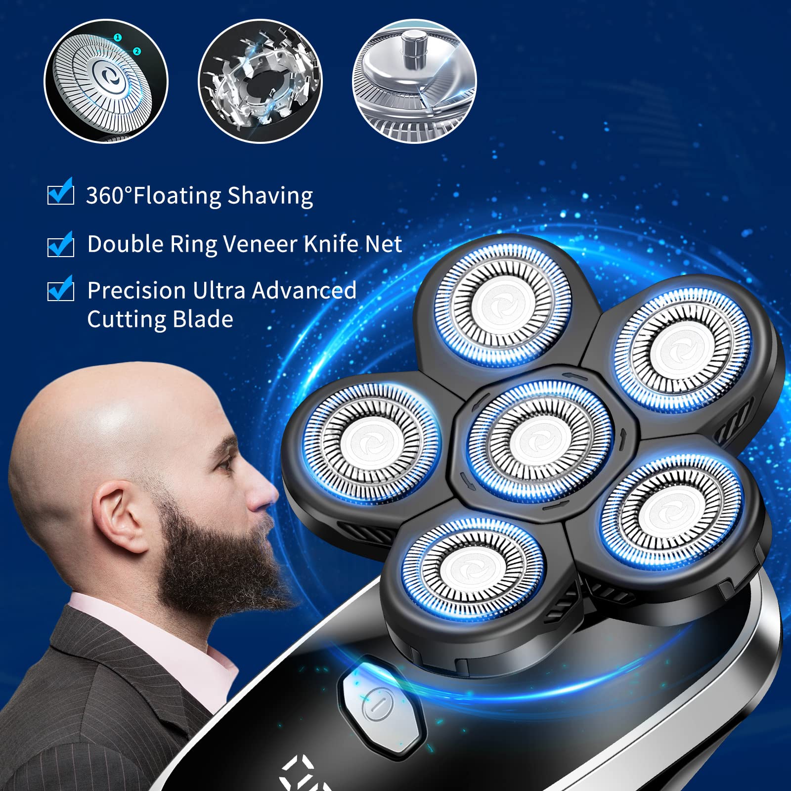 Head Shavers for Bald Men Upgraded Electric Razors for Men Multifunctional Electric Shaver for Balding Head Rechargeable Razors for Bald Man Waterproof Mens Head Razor Cordless Rotary Shaver