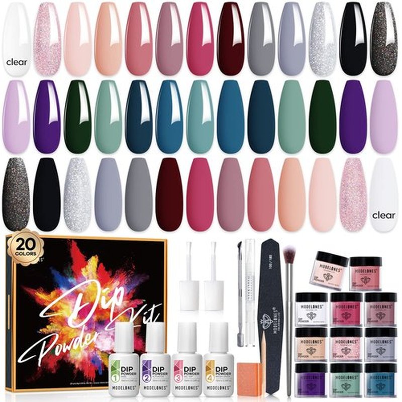 Modelones Dip Powder Nail Kit Starter, 20 Colors Dipping Powder Liquid Set Base&Top Activator for French Nail Art Salon DIY Kit