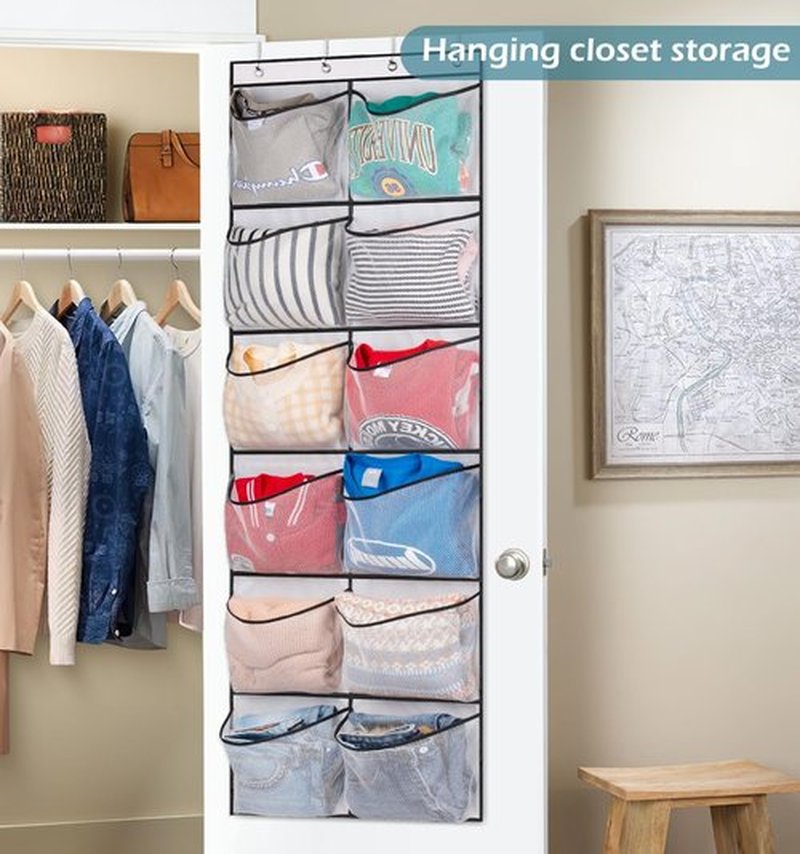 KIMBORA Over The Door Shoe Organizer - 12 Large Mesh Pockets for Boots & Shoes | White Hanging Rack