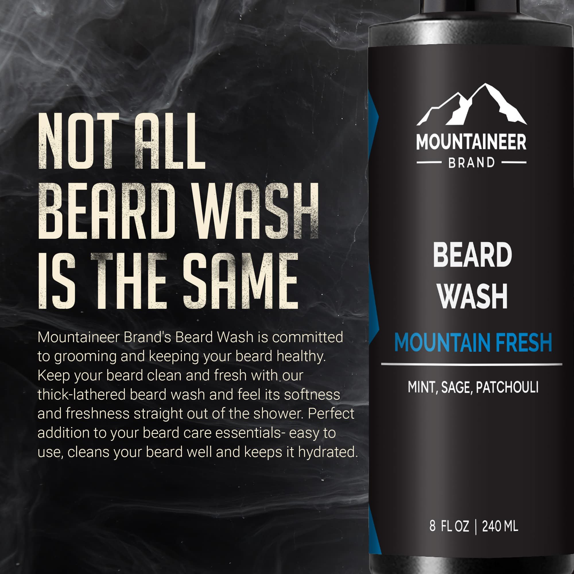 Mountaineer Brand Beard Wash For Men | 100% Natural Beard Shampoo | Thick Cleaning Softening Lather for Hair and Skin | Hydrate and Detangle | Grooming Treatment | Mountain Fresh Scent 8oz