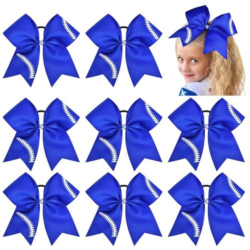 8 PCS Softball Bows 8" Softball Cheer Bows Bulk Hair Bows Cheerleading Sports Cheerleader Ponytail Holder Softball Accessories for Girls College Competition Blue