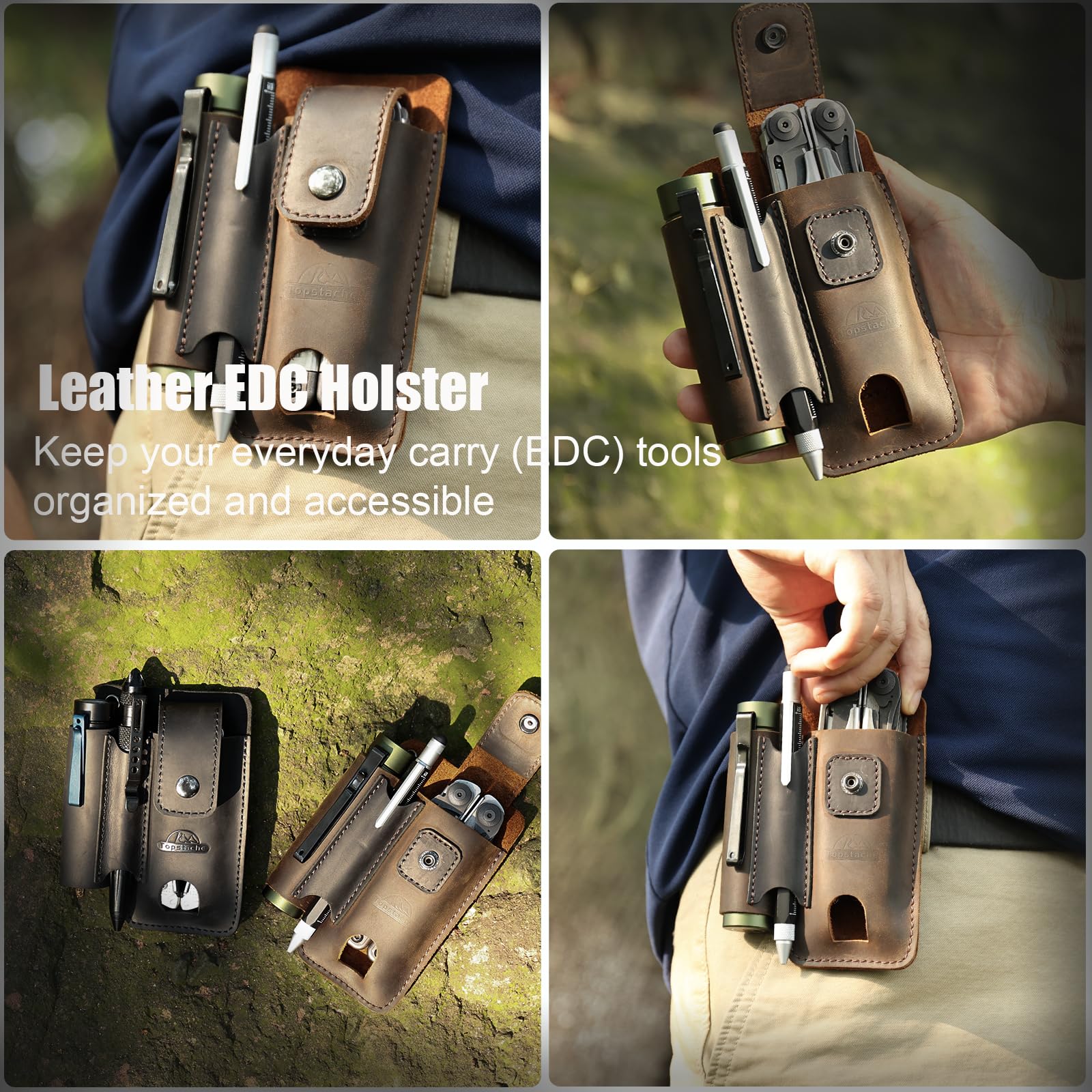 Topstache Leather Multitool Sheath - Multi Tool Holster with Belt Clip - EDC Belt Organizer Fits Multitool, Flashlight, Pen - Leather EDC Pouch Belt Holder Case with Closure Flap, Darkbrown