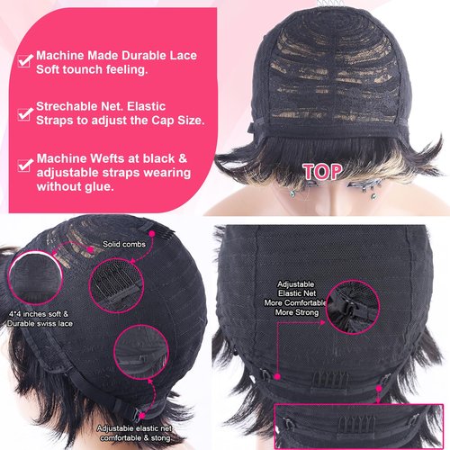 Short Layered Pixie Cut Wig Human Hair for Black Women Multicolor Brazilian Virgin Straight Human Hair Pixie Wigs with Bangs Glueless None Lace Front Full Machine Made Wigs Black and Blonde 1B27