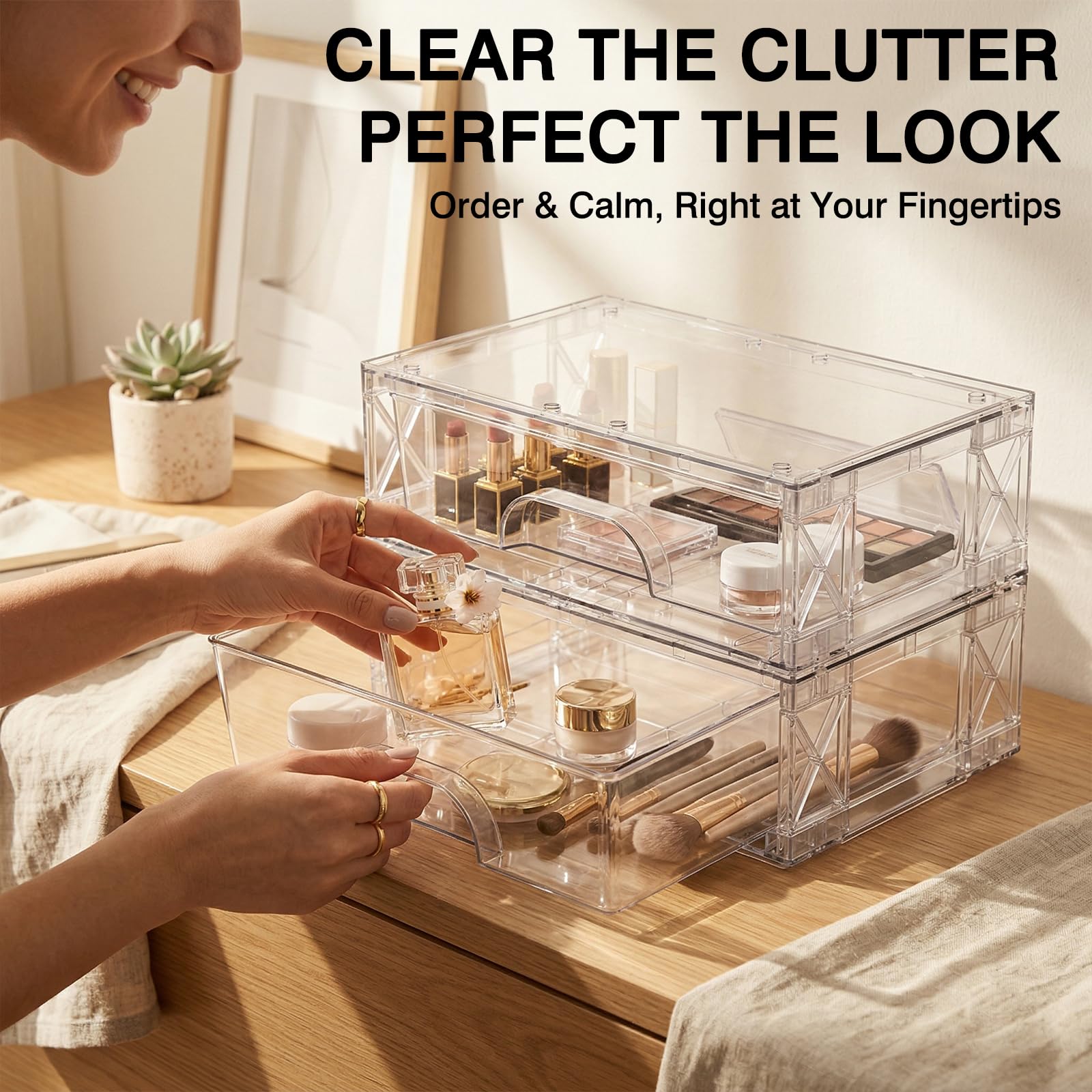 Clear Stackable Storage Drawers 2 Pack 3.5in Organizer Plastic Bins