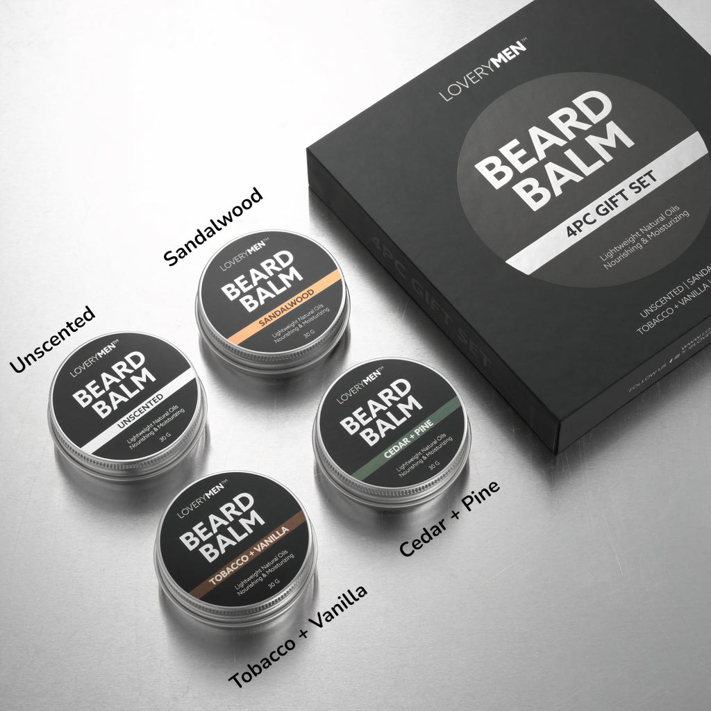 LOVERY Beard Balm for Men, Gift Set in Unscented, Sandalwood, Tobacco Vanilla, Cedar Pine Fragrances, All-Natural Wax, Cream Softener Butter, 4 Pack