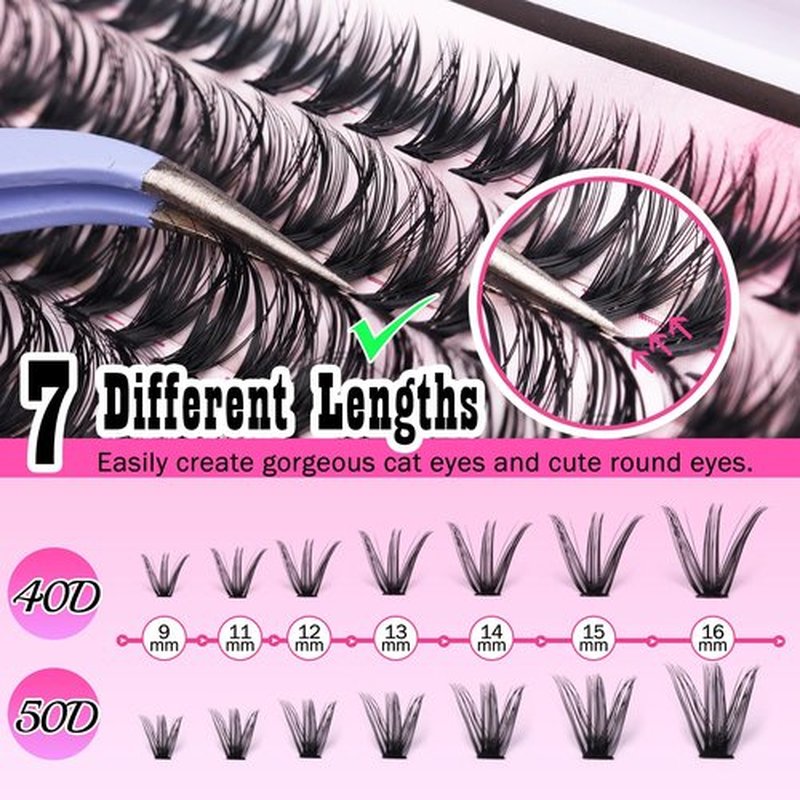 Cluster Lashes 280 pcs Lash Clusters D Volume Eyelashes Extensions 9-16 mm Mix 40D+50D Individual Lashes Thin Band Eyelashes Cluster for DIY Lash Extension Beginners (Lash Clusters)
