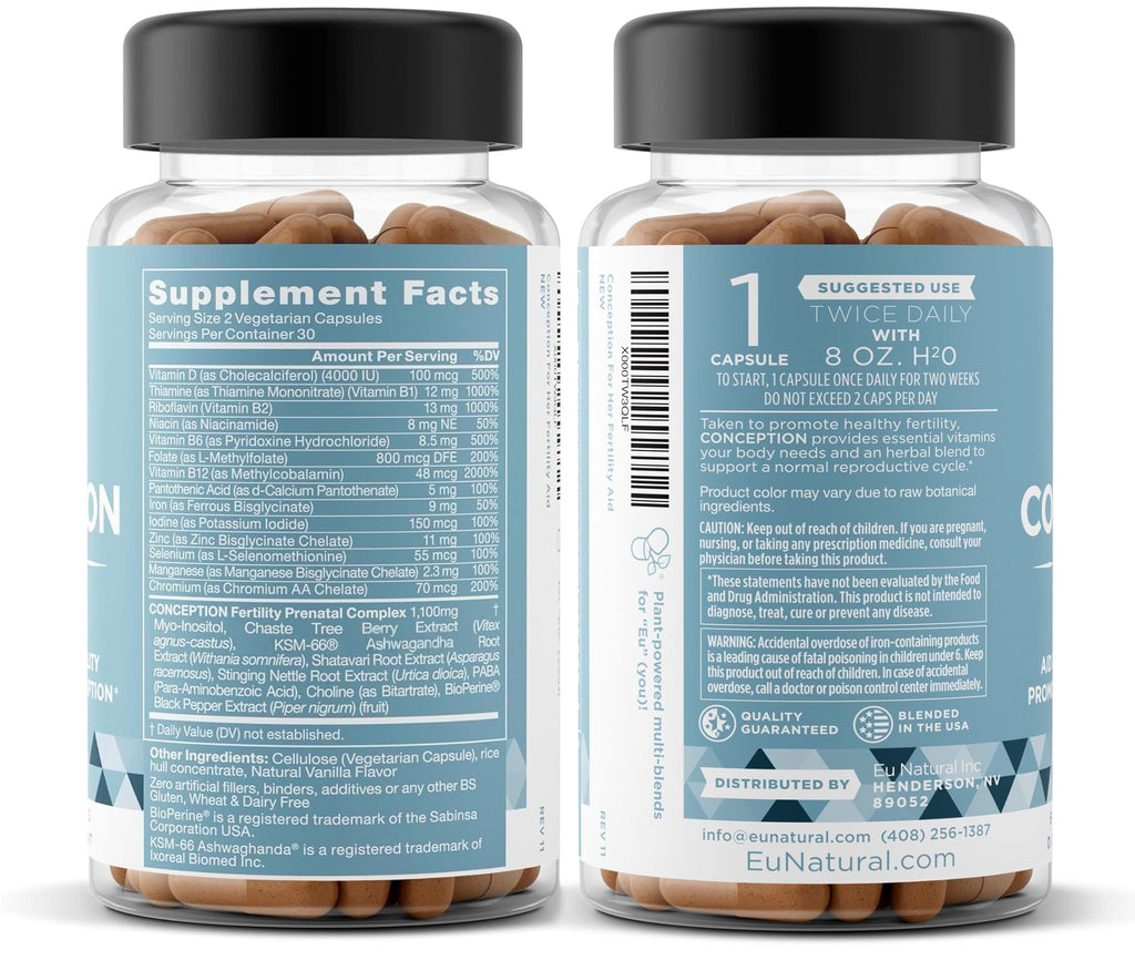 Eu Natural Conception for Her Fertility Supplements for Women - Ovulation, Hormonal Balance & Regular Cycle Support - Myo-Inositol, Folate, Shatavari & Vitex - 60 Vegetarian Capsules