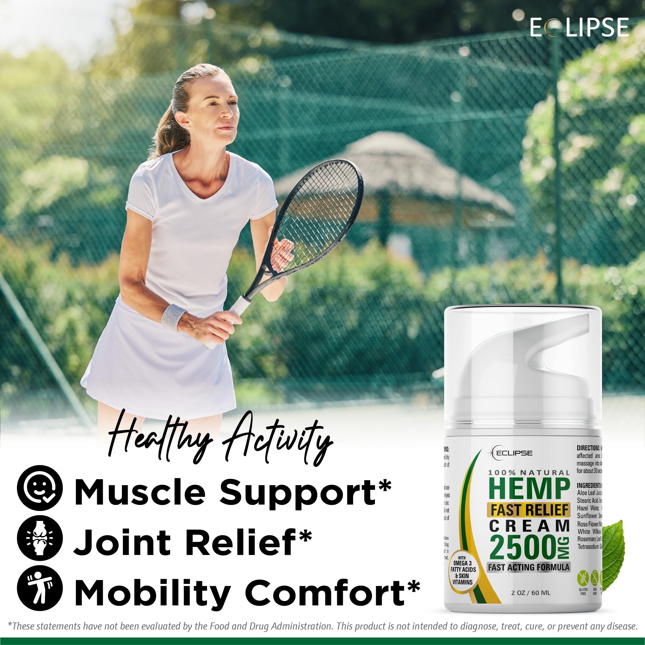 Hemp Cream by Eclipse - Non-Greasy, Natural Hemp Extract Cream - Made in USA - 1 Pack