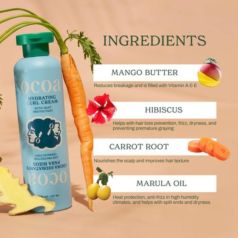 OCOA Beauty Hydrating Curl Cream with Hibiscus, Mango Butter & Marula Oil – Curl Defining Cream for Curly & Wavy Hair – Moisturizes, Controls Frizz, Adds Shine & Softness, Protects from Heat – 8oz