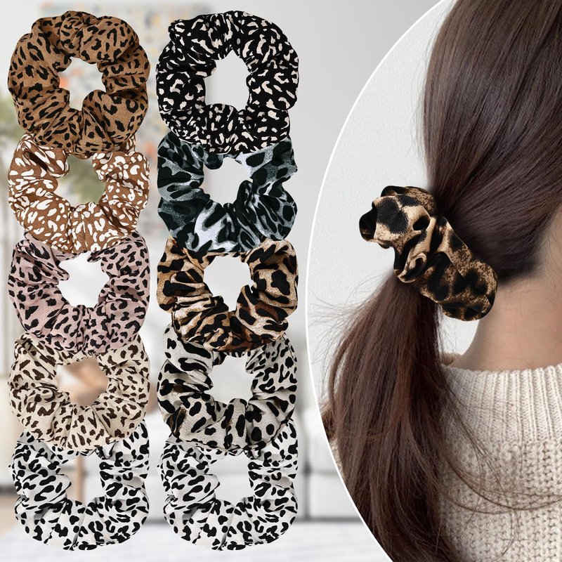 Yonchic 10-Piece Animal Print Satin Hair Scrunchies for Women & Girls, Cute No Damage Hair Ties Stylish Ponytail Holders, Fashion Rubber Bands for Women’s Thin/Thick Hair (Leopard Print)