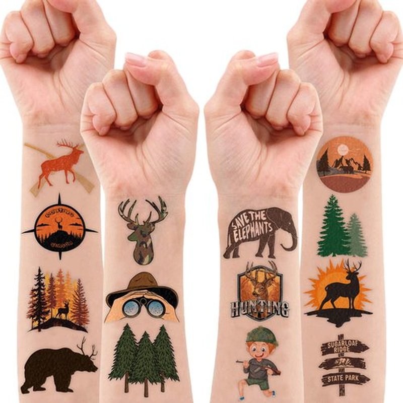8 Sheets (96PCS) Hunting Tattoos Birthday Party Decorations Supplies Tattoos Stickers Cute Party Favors for Kids Boys Girls Gifts Classroom School Theme Prizes Rewards